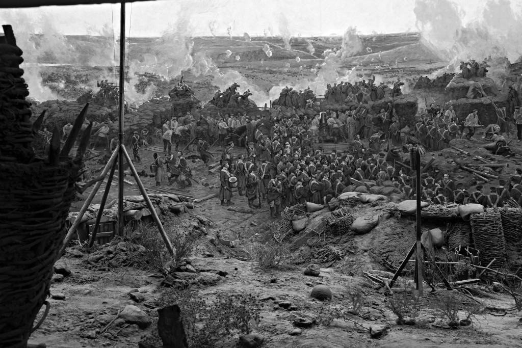 The Siege of Sevastopol during the Crimean War (1854-55) as represented in the Panorama by Franz A. Roubaud at the Defence of Sevastopol Museum. The Nikiforov battery is firing against the Allies as soldiers of the Poltava regiment are waiting for commands at the rear. Sevastopol, Crimea. 21 June 2014.