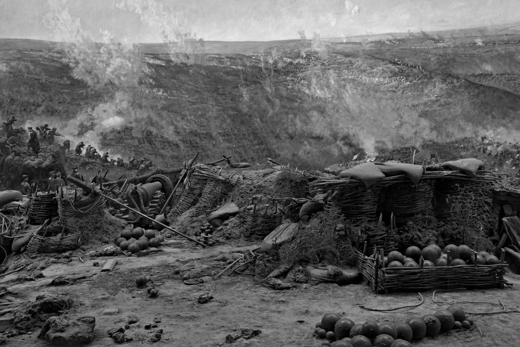 The Siege of Sevastopol during the Crimean War (1854-55) as represented in the Panorama by Franz A. Roubaud at the Defence of Sevastopol Museum. In the background, the French flag is on Zherve battery and the French are attacking the Malakhov Mound. In the foreground is the Stanislavsky battery. Sevastopol, Crimea. 21 June 2014.