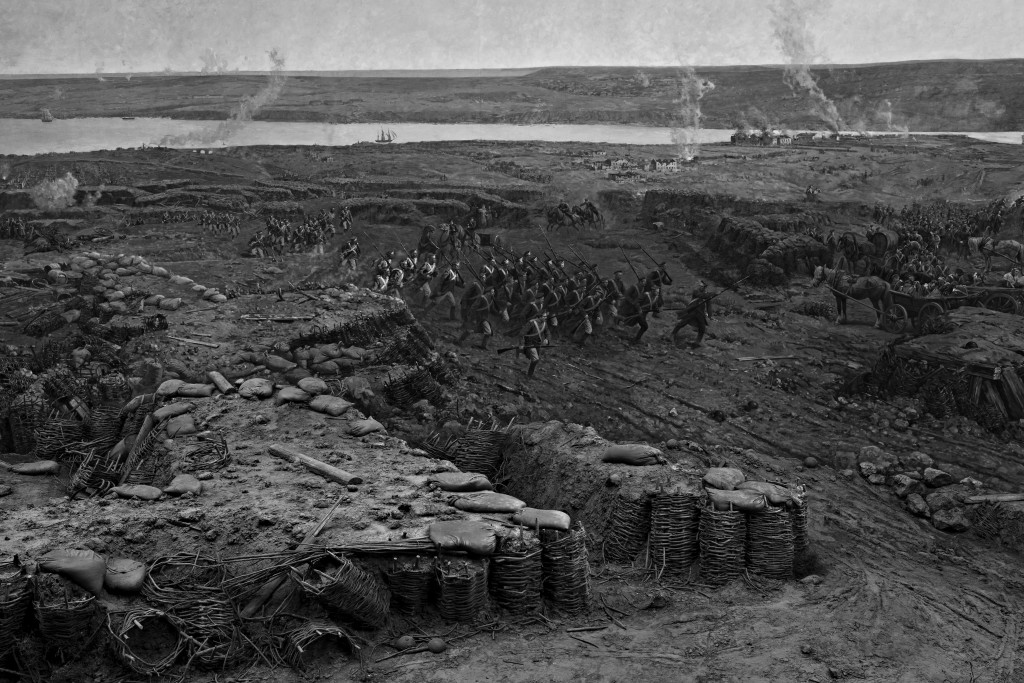 The Siege of Sevastopol during the Crimean War (1854-55) as represented in the Panorama by Franz A. Roubaud at the Defence of Sevastopol Museum. Soldiers from the Chernigov regiment are running to help the defenders of the Malakhov Mound. On the Big bay’s shore, the Russians have just repelled the French attacks to the first bastion, supported by the artillery fire of Russian steamships. Sevastopol, Crimea. 21 June 2014.