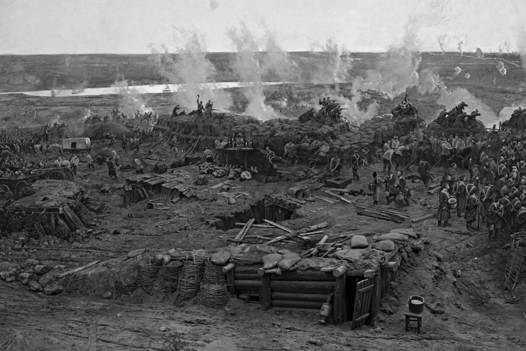 The Siege of Sevastopol during the Crimean War (1854-55) as represented in the Panorama by Franz A. Roubaud at the Defence of Sevastopol Museum. The bodies of several Russian soldiers lie in front of an icon, as the Nikiforov battery soldiers repel a French attack. Sevastopol, Crimea. 21 June 2014.