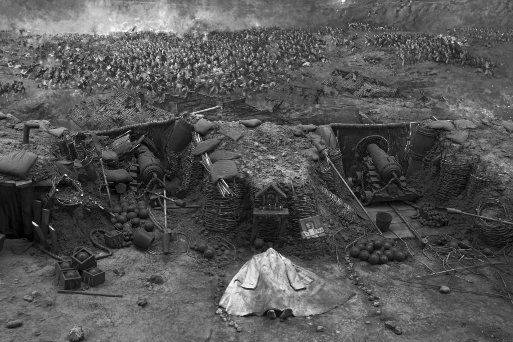 The Siege of Sevastopol during the Crimean War (1854-55) as represented in the Panorama by Franz A. Roubaud at the Defence of Sevastopol Museum. The body of a dead Russian soldier rests in front of an icon as the battle for the Zherve battery is raging. In the background, the third bastion (“Big Redan”) is being attacked by British troops. Sevastopol, Crimea. 21 June 2014.